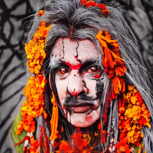 Image similar to 3 5 mm coloured film portrait of strange female aghori sadhu covered in ash creature, hyperrealism, celestial marigold red flowers vibe, photorealistic, detailed, atmospheric, 8 k, award winning photography, cinematic