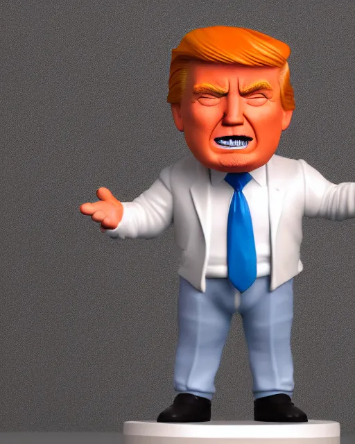 Prompt: full body 3d render of funko pop donald trump as a funko pop, orange wrinkly skin, studio lighting, white background, blender, trending on artstation, 8k, highly detailed