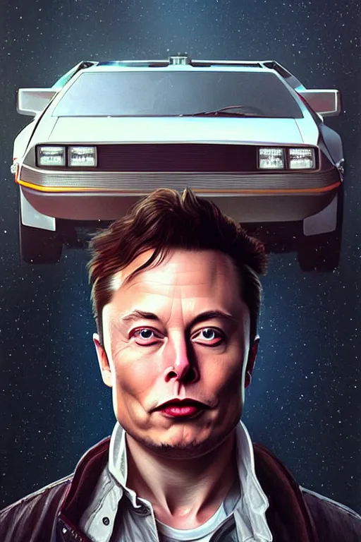 Image similar to elon musk as marty mcfly near delorean, realistic portrait, symmetrical, highly detailed, digital painting, artstation, concept art, smooth, sharp focus, illustration, cinematic lighting, art by artgerm and greg rutkowski and alphonse mucha