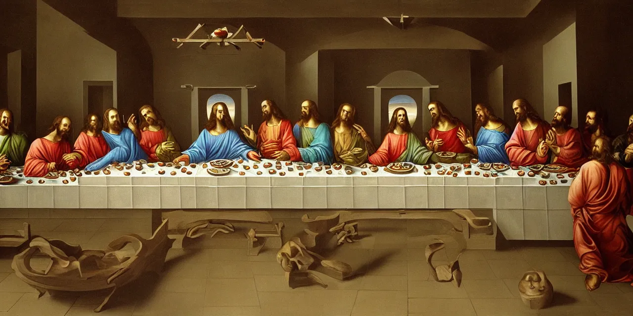 Image similar to the last supper iconic image in the style of dali surreal jesus christ iconography