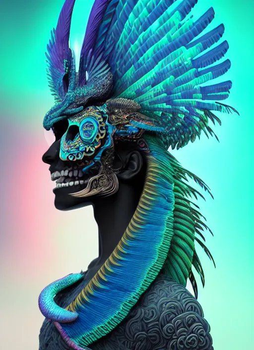 Image similar to 3 d goddess profile portrait, sigma 5 0 0 mm f / 5. beautiful intricate highly detailed quetzalcoatl skull and feathers. bioluminescent, plasma, lava, ice, water, wind, creature, thunderstorm! artwork by tooth wu and wlop and beeple and greg rutkowski, 8 k trending on artstation,