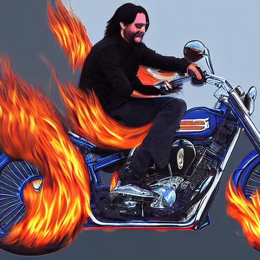 Image similar to Keanu reeves Riding a motorcycle Through Fire digital art 4K detail