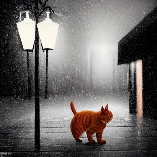 Image similar to an orange tabby cat walking on a sidewalk, it is night and raining, bushes in the background, street lamps are illuminating the street, moody lighting, peaceful atmosphere, digital art, highly detailed, high contrast, beautiful lighting, award winning, trending on art station, 8 k,