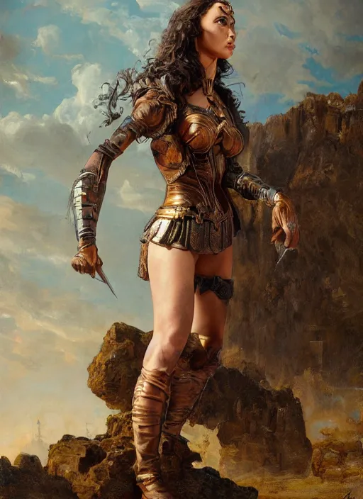 Image similar to oil painting of a highly detailed steampunk gal gadot posing while standing on a rock : leonardo da vinci, greg rutkowski, magali villeneuve