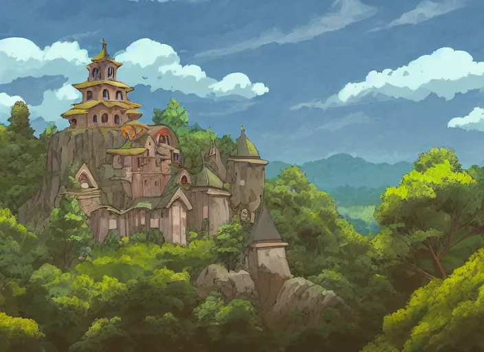 Prompt: view of a monastery on a forested mountain, in the style of studio ghibli, distant, detailed, artstation, award winning illustration,