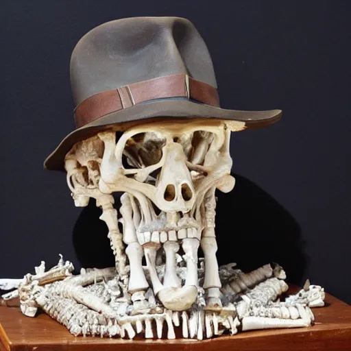 Image similar to sculpture of indiana jones made of bones