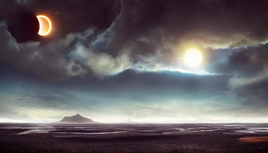 Prompt: solar eclipse in iceland, black sand, colorful clouds, blue sky, jessica rossier, art station