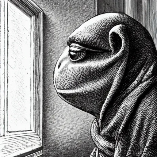 Image similar to traditional portrait of kermit in front of a window, close up, realistic, dramatic light, Chiaroscuro, illustration by Gustave Doré