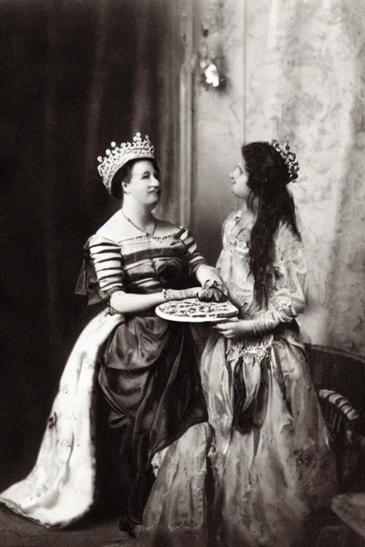 Prompt: historical photo of queen margherita ( savoy ) sharing a pizza! margherita with her slave girl, full body, portrait photo, diffuse light, acclaimed masterpiece