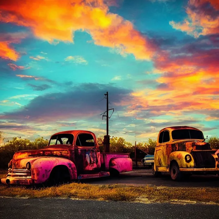 Image similar to a sunset light landscape with historical route 6 6, lots of sparkling details and sun ray ’ s, blinding backlight, smoke, volumetric lighting, colorful, octane, 3 5 mm, abandoned gas station, old rusty pickup - truck, beautiful epic colored reflections, very colorful heavenly, softlight