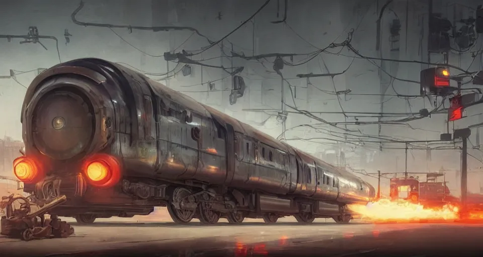 Image similar to a highly detailed epic cinematic concept art CG render digital painting artwork scene: retrofuturistic 1920s cyberpunk steampunk bullet train emitting smoke. By Greg Rutkowski, Ilya Kuvshinov, WLOP, Stanley Artgerm Lau, Ruan Jia and Fenghua Zhong, trending on ArtStation, made in Maya, Blender and Photoshop, octane render, excellent composition, cinematic dystopian brutalist atmosphere, dynamic dramatic cinematic lighting, aesthetic, very inspirational, arthouse