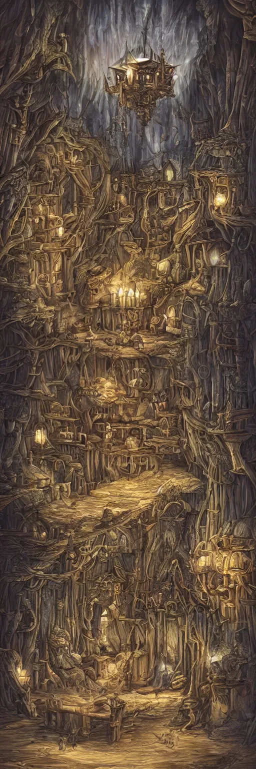 Prompt: Fantasy kingdom image in magic sphere of old cruel whitch in wooden house full of dark magic tools