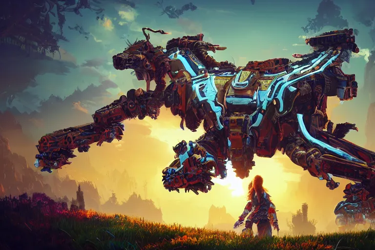 Image similar to scorcher machine mecanical creature robot of horizon forbidden west horizon zero dawn radiating a glowing aura global illumination ray tracing hdr fanart arstation by ian pesty and alena aenami artworks in 4 k