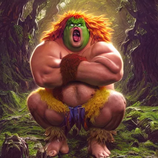 Prompt: chris farley with green skin and orange body hair as blanka from street fighter, squatting and screaming, ultra realistic, concept art, intricate details, eerie, highly detailed, photorealistic, octane render, 8 k, unreal engine. art by artgerm and greg rutkowski and magali villeneuve and alphonse mucha