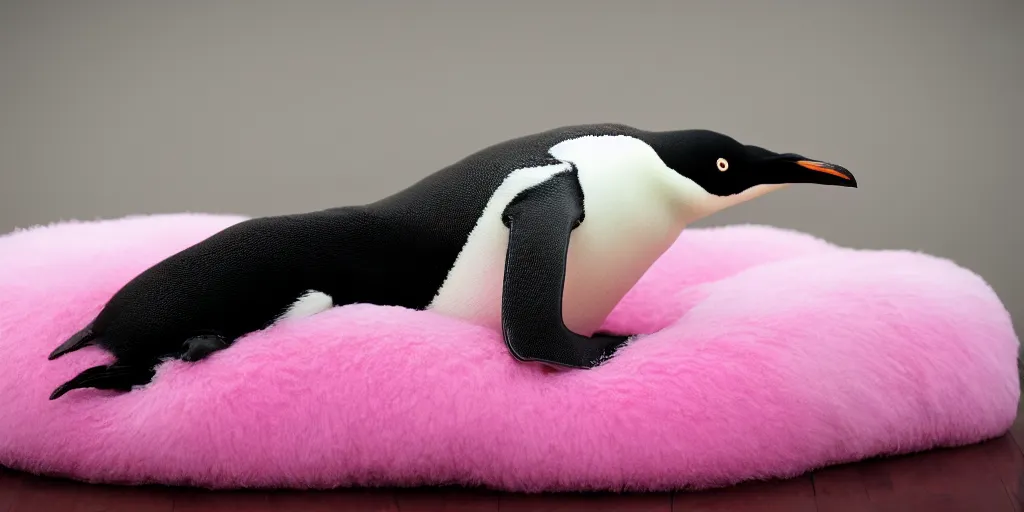 Prompt: realistic penguin sitting in an pink fluffy bed waving