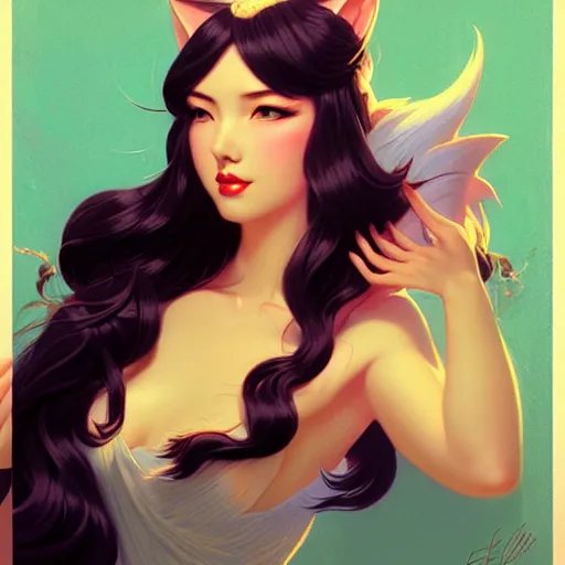 Image similar to head and shoulders portrait of Ahri of League of Legends illustration, medium shot, intricate, elegant, highly detailed, digital art, ffffound, art by gil elvgren and sachin teng