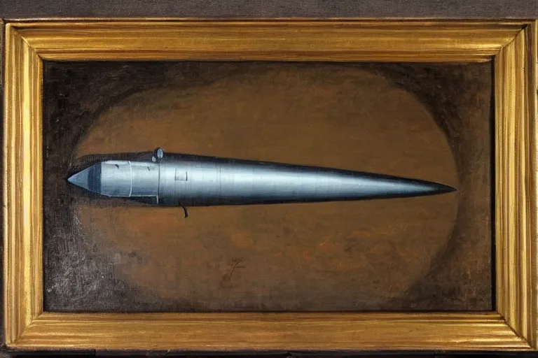Image similar to medieval elegant painting of a icbm missile, oil painting