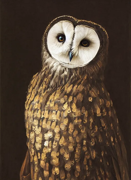 Image similar to close-up portrait of anthropomorphic owl Prince, man with a head of barn owl, glowing eyes, in a crown, wearing long royal robe, lilac, silver, black, bokeh, blurred space, stars, dreamy, romantic, painting in the museum, highly detailed, sharp focus, digital painting, artwork, by John James Audubon by Victor Adame Minguez by Yuumei by Tom Lovell by Sandro Botticelli