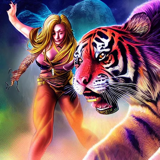 Image similar to mystic amazon fighting a tiger, digital art