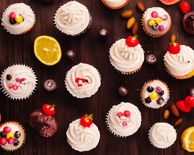 Image similar to dslr food of delicious cupcakes with slices of picke on them, 8 5 mm f 1. 4