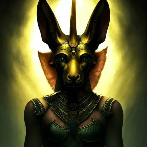 Image similar to majestic gracious regal female anubis warrior portrait, ancient egypt, atmospheric lighting, painted, menacing, intricate, volumetric lighting, beautiful, rich deep colours masterpiece, golden hour, sharp focus, ultra detailed, by leesha hannigan, ross tran, thierry doizon, kai carpenter, ignacio fernandez rios