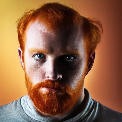 Image similar to photograph of a ginger male, middle aged balding superhero