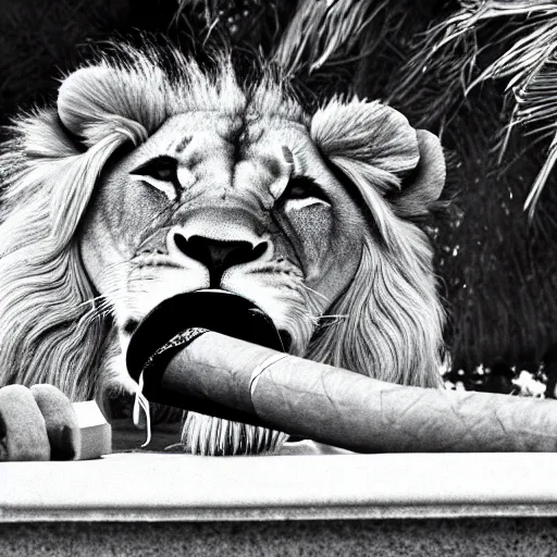 Image similar to a very detailed photo of a lion ( smoking a cigar ) outside the mansion by the pool