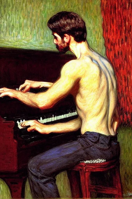 Image similar to attractive man playing piano, painting by tom of finland, john william waterhouse, claude monet