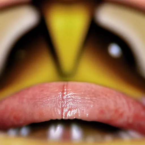 Image similar to extreme closeup macro shot of mouth biting eye, ray tracing, hyper detailed, extremely realistic,