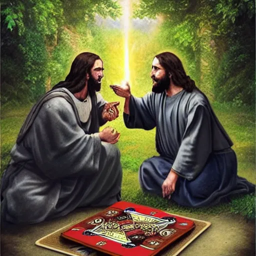 Image similar to Jesus and the Devil playing cards in a garden, photorealistic, award winning, 8k, trending on major art outlets,