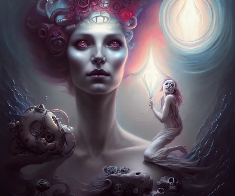 Prompt: mix media, stunning anima goddess of the void by charlie bowater and tom bagshaw, insanely detailed, artstation, psychedelic art. atoms surrounded by skulls and spirits deep under the sea, horror, sci - fi, surrealist painting, by peter mohrbacher anato finnstark