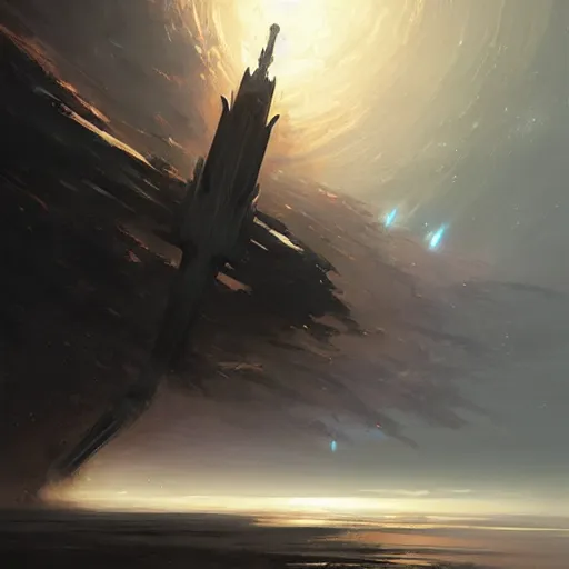 Prompt: concept art of a large space vessel in the shape of an spear by greg rutkowski