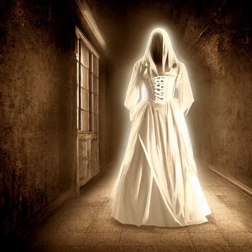 Prompt: creepy ghost woman in a corset standing at the end of a dark hallway