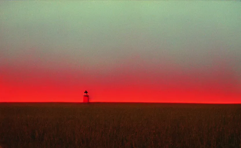 Prompt: lighthouse that shines red, field, night, unsettling, burning trees on the horizon, photo 1998