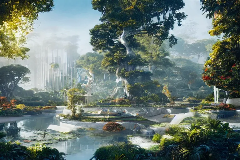 Image similar to brutalist futuristic white Aztec structures, manicured garden of eden, pools and streams, tropical foliage, birds, sculpture gardens, Autumn, by Jessica Rossier and Brian Froud