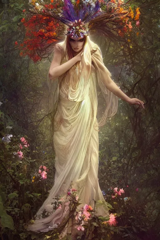 Image similar to a beautiful female forest druid wearing a head dress of flowers and a flowing dress surrounded by light in a heavenly forest realm, full body shot, video game concept art, alphonse mucha, james gurney, greg rutkowski, vivid colour, fine detail, dramatic lighting, beautiful