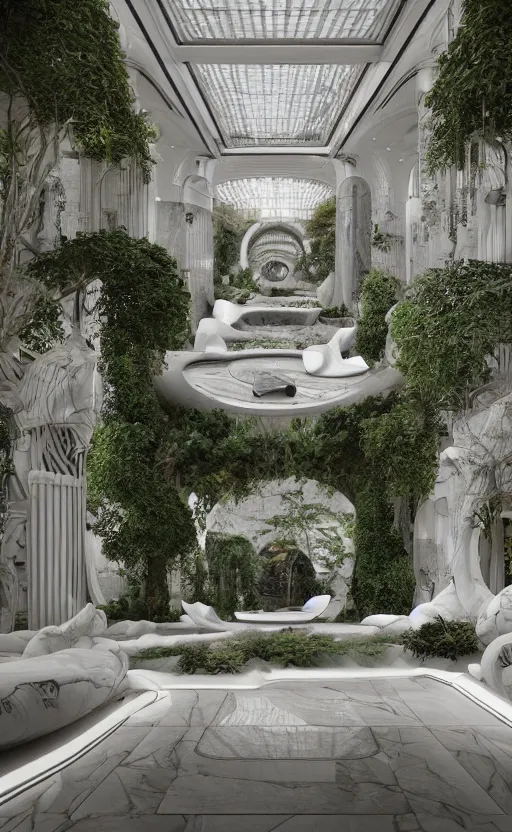 Prompt: highly detailed villa garden natural beautiful light interior soft cinematic composition of a smooth ceramic porcelain biophilic stone nebula fluid white magnolias surreal scifi architecture cyberpunk giger landscape, furniture, granite, trees, marble, vincent callebaut composition, 8 k, unreal engine, hdr