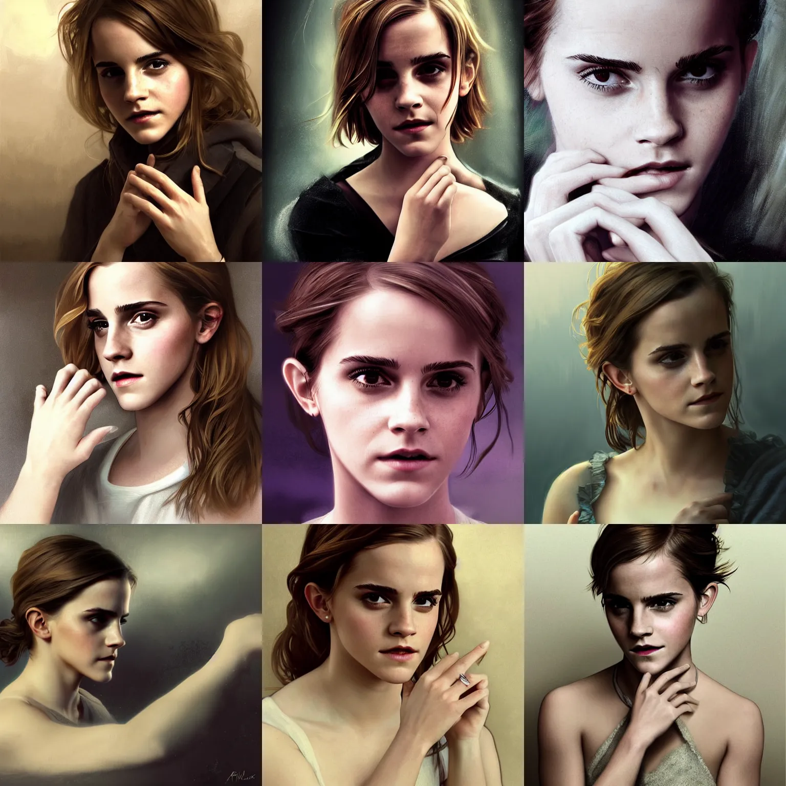 Prompt: photo Emma Watson showing her ring on finger, photo realistic, digital photograph painting, photo portrait, elegant, cinematic lighting, mysterious, highly detailed, artstation, concept art, photo illustration, smooth, sharp focus, editor's pickup, trending on artstation, trending on deviantart, alphonse mucha, WLOP