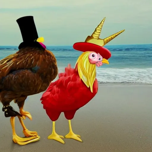 Prompt: a chicken wearing a tophat on top of a unicorn on the beach