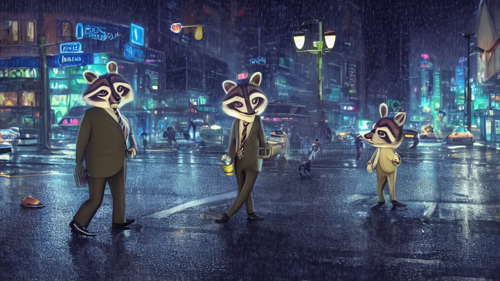 Prompt: A cute anthropomorphic raccoon businessman is walking down a busy crosswalk at in the rain at night, cold lighting with an blue glow coating the cityscape from the city lights, zootopia, other anthropomorphic characters are walking by him, extremely detailed, HDR, sideview, solemn and moody, many cars and animal people in the background, detailed face and eyes, large eyes with visible pupils, the road is wet with many rain puddles, reflections from the water on the ground, he is carrying a black briefcase, depressing feelings, sadness, expressive face