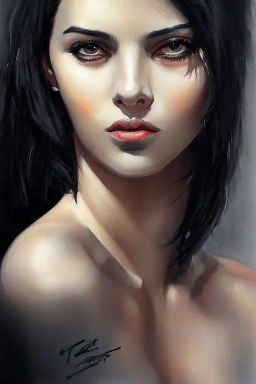 Image similar to portrait of a beautiful woman, black hair, attractive, casual, modern, highly detailed, concept art, smooth, sharp focus, illustration, art by thomas saliot