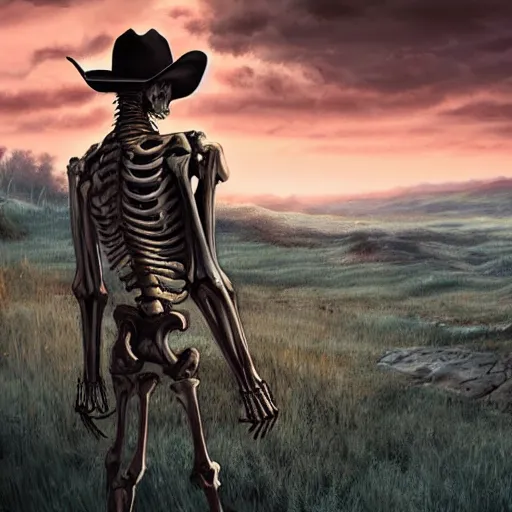 Image similar to a wounded skeleton cowboy watching a sunset, concept art, DeviantArt, art station, illustration, highly detailed, artwork, cinematic, hyper realistic