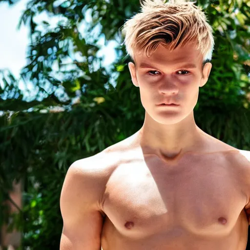 Image similar to a realistic detailed photo of a guy who is an attractive humanoid who is half robot and half humanoid, who is a male android, soccer player martin ødegaard, shiny skin, posing like a statue, blank stare, by the pool, on display, showing off his muscles