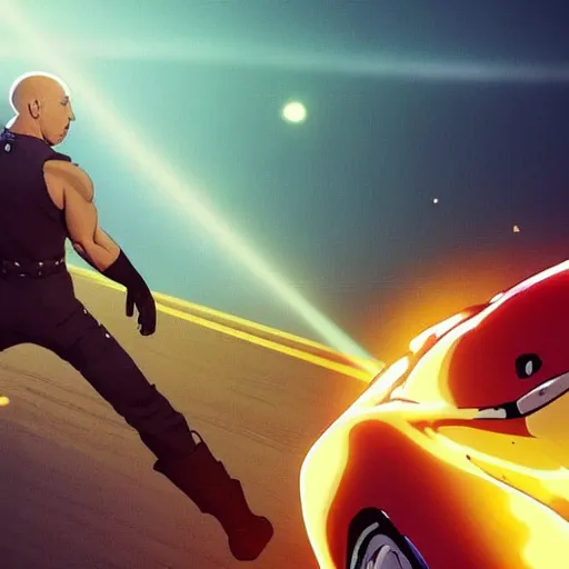 Image similar to vin diesel as saitama!!! throwing!!! a car!!!!!!!!!! into space, ultra realistic, lens flare, atmosphere, glow, detailed, intricate, full of colour, cinematic lighting, trending on artstation, 4 k, hyperrealistic, focused, extreme details, unreal engine 5, cinematic, masterpiece