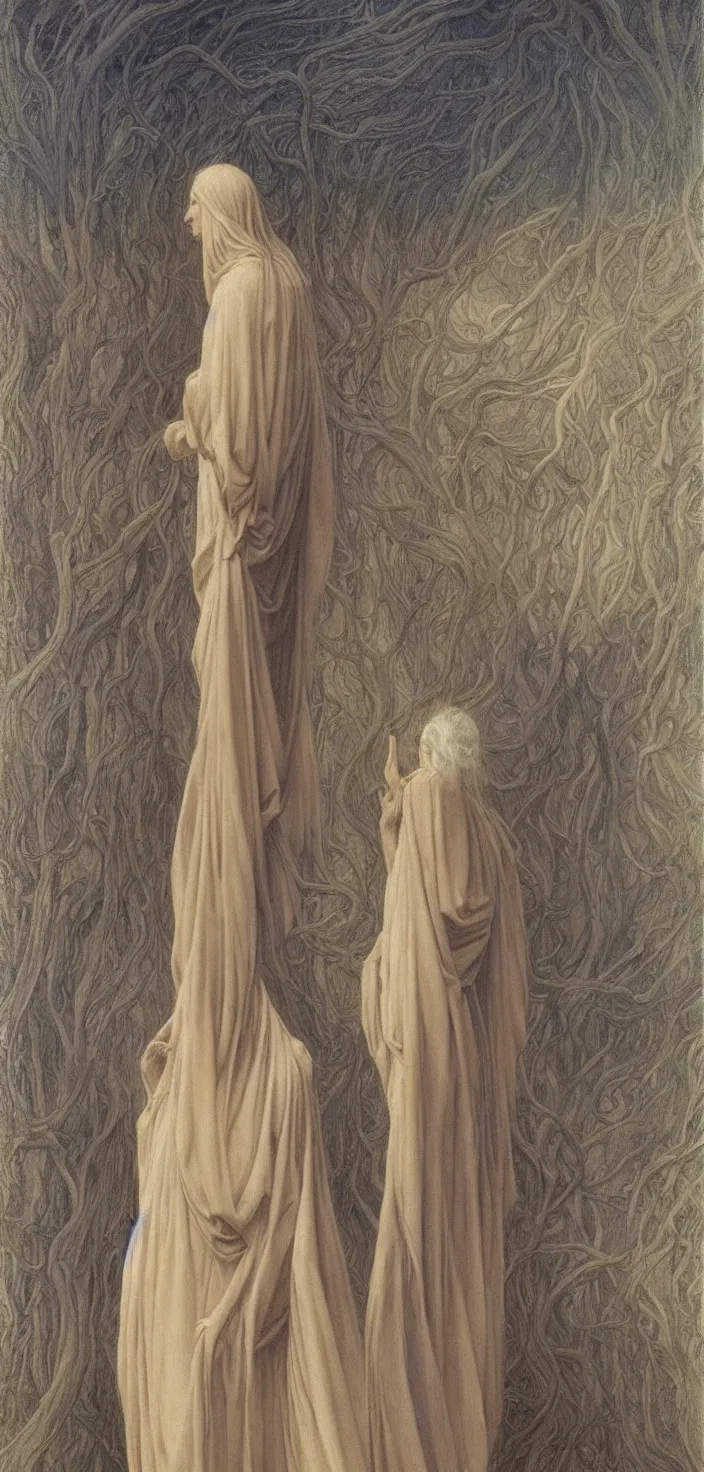 Image similar to thin young beautiful with long wispy grey hair, wearing robes, glfemale goddess, oil on canvas jean delville and ralph maquarrie, 4 k resolution, calm serene aesthetics