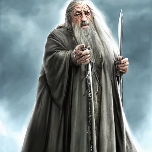 Image similar to danny devito as gandalf the white, lord of the rings movie, full body, high quality, wide angle, illustration, digital art, full color