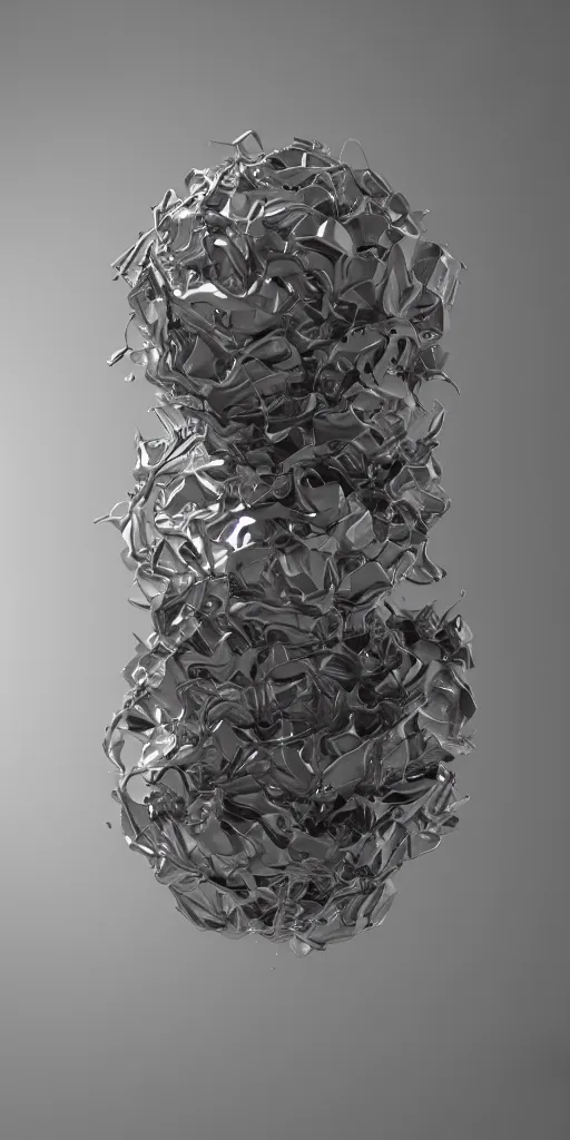 Prompt: a photorealistic render of a metallic rubiccubesolid sculpture, made of liquid metal, c 4 d, by zhelong xu and ernst haeckel, wide angle, hyper realistic, plain background, 8 k, volumetric lightning, octane render