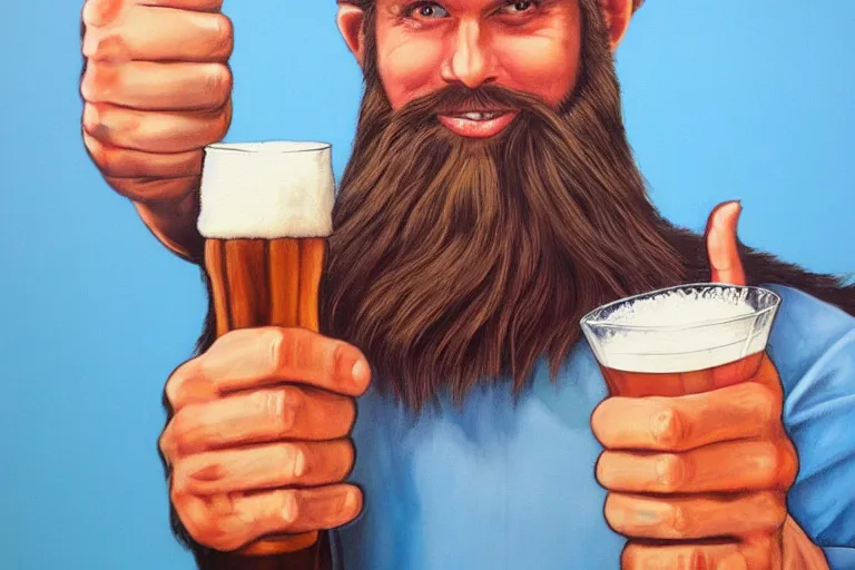 Image similar to a young man holding a beer giving a thumbs up with a long beard, airbrush painted, 80s poster, detailed, uncropped