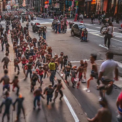 Prompt: portrait of a horde of midgets raiding the streets of new york city, sharp focus, 4 k editorial photograph, soft lighting, shallow depth of field, people out of focus