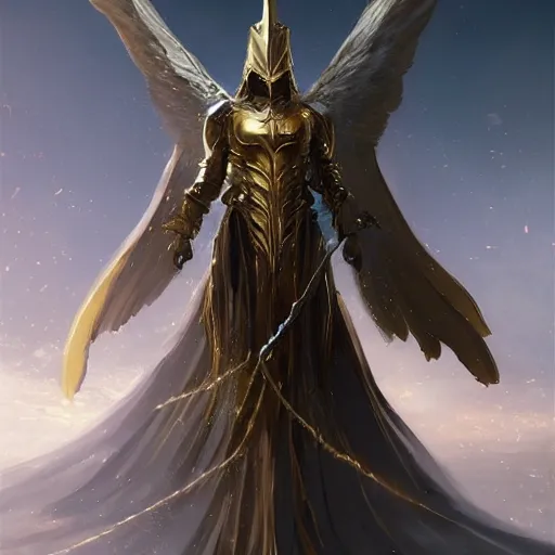 Image similar to golden armored angel, wings made of energy, metal halo, no face, hooded, gold, fantasy, concept art, ultra realistic, character art by greg rutkowski